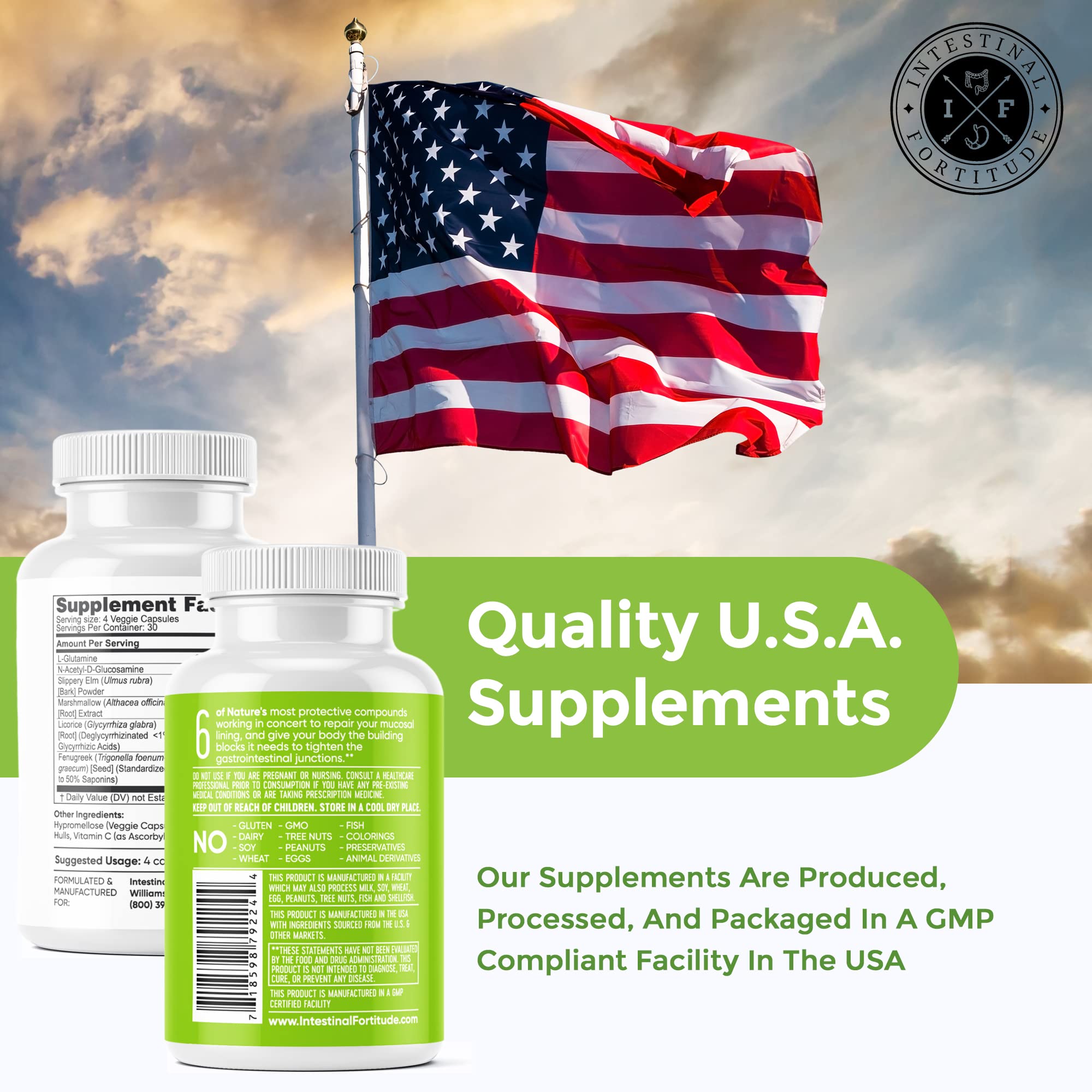 Intestinal Fortitude GLR-6 bottle label: dosage guidance for daily gut health.