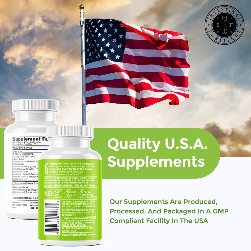 Intestinal Fortitude GLR-6 bottle label: dosage guidance for daily gut health.