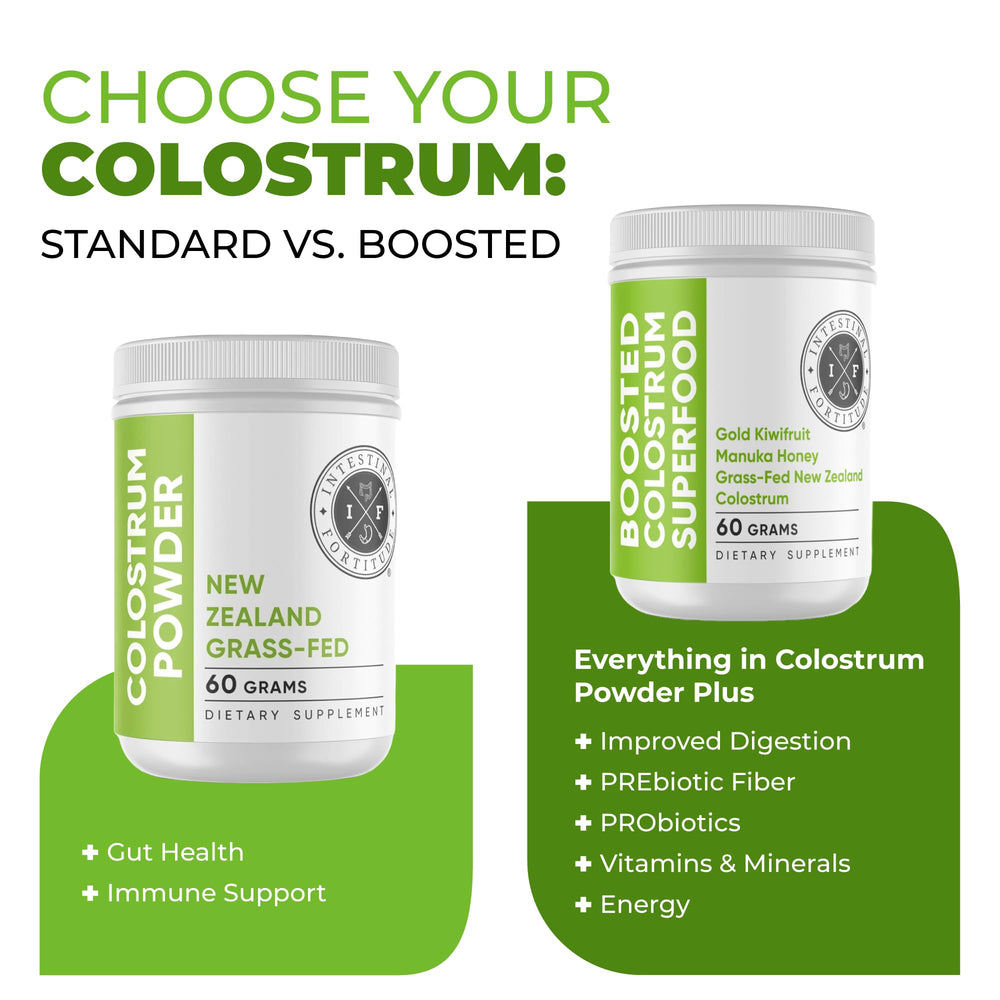 Intestinal Fortitude powder close-up highlights additive-free formula for clean nutrition.
