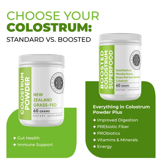 Intestinal Fortitude powder close-up highlights additive-free formula for clean nutrition.