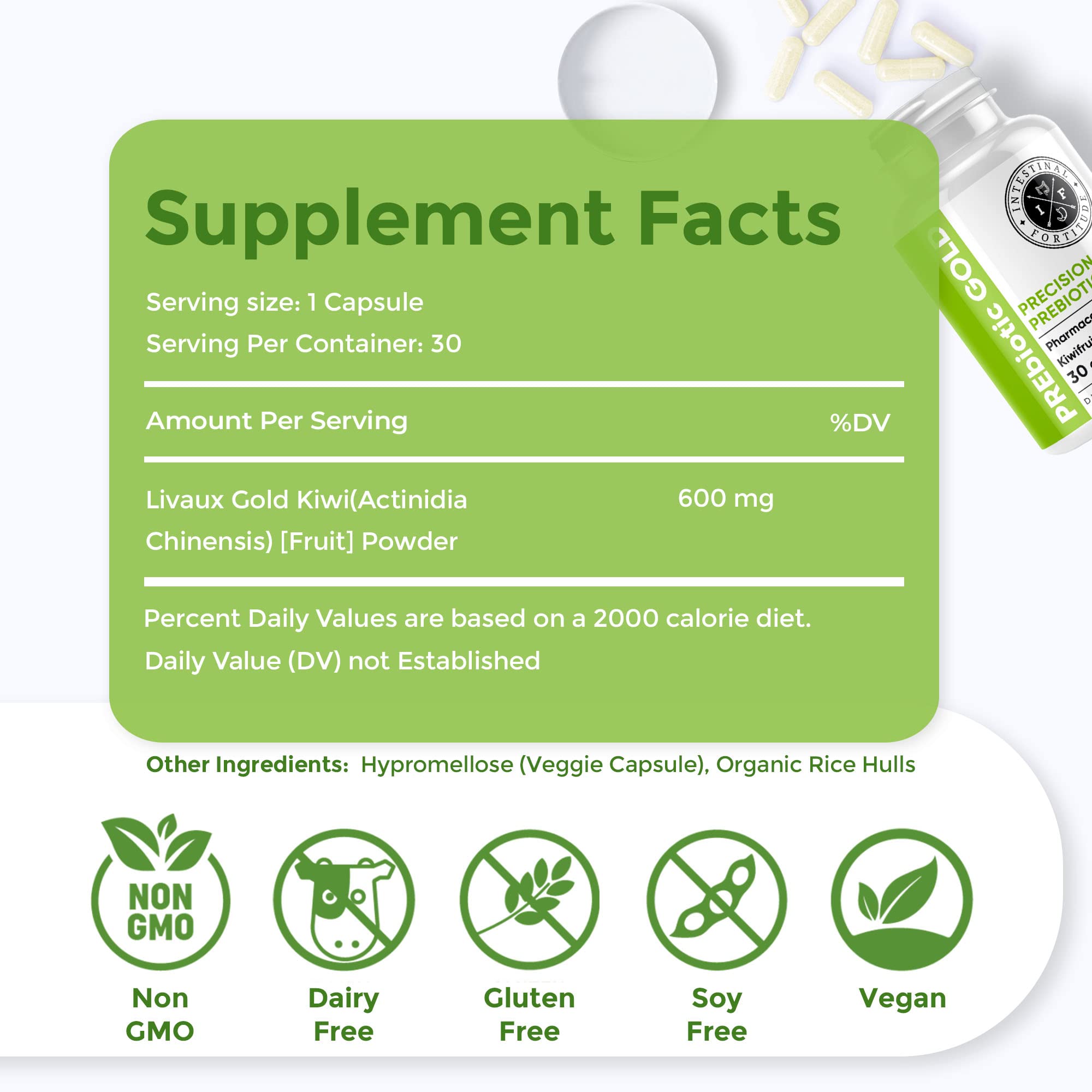 Intestinal Fortitude PREbiotic Gold capsules close-up for dairy-free gut support