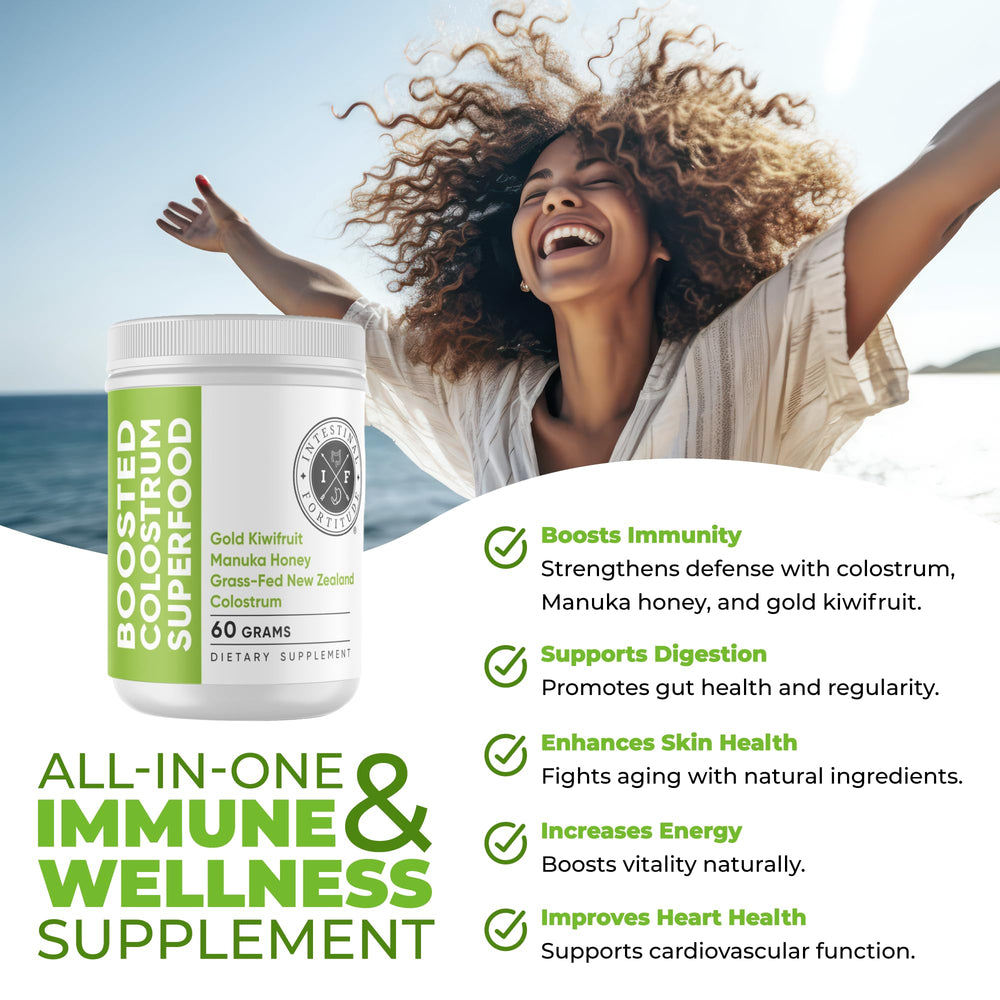 Intestinal Fortitude sample scoop and capsule pack suggests daily routine