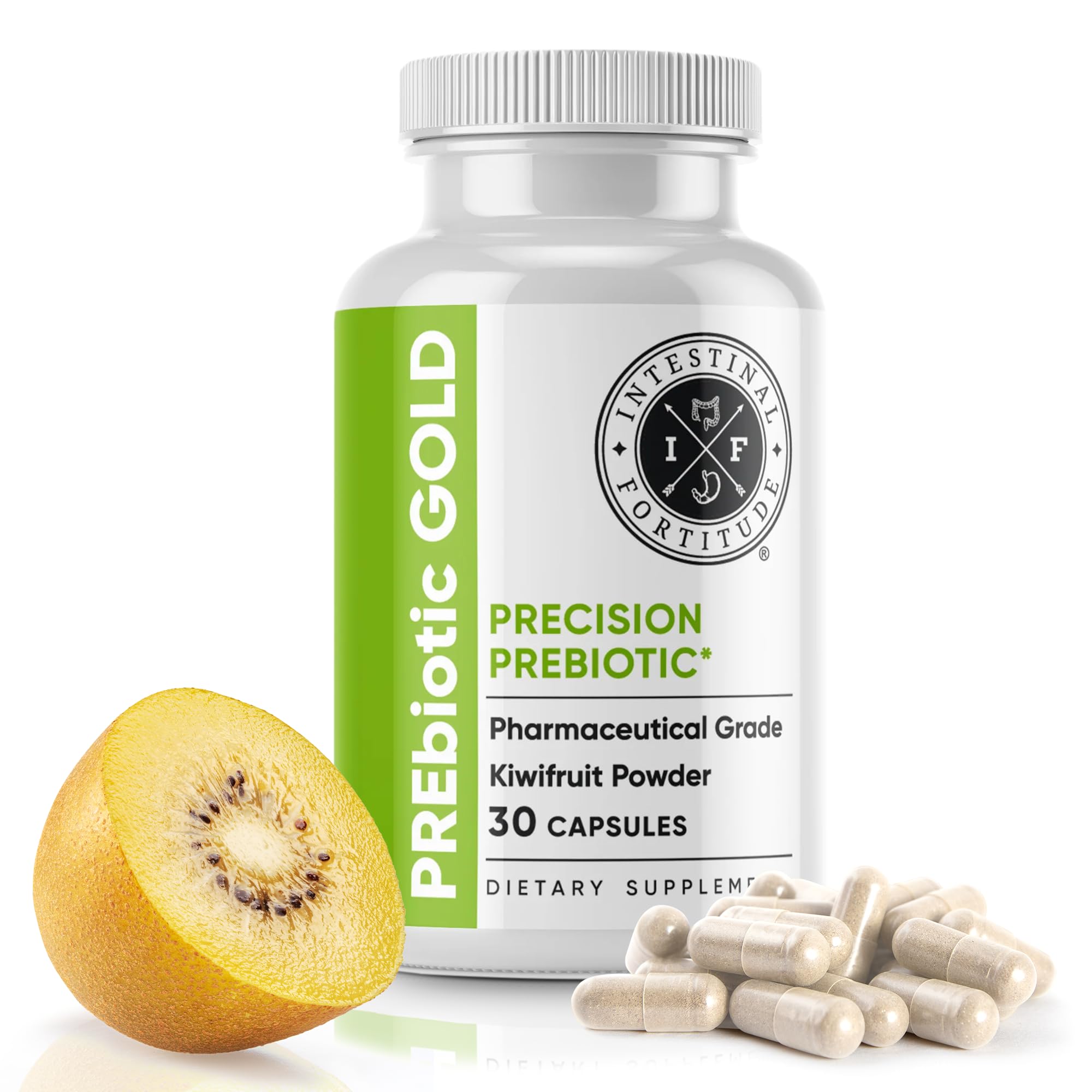 Intestinal Fortitude PREbiotic Gold bottle front with Livaux kiwifruit powder for gut balance
