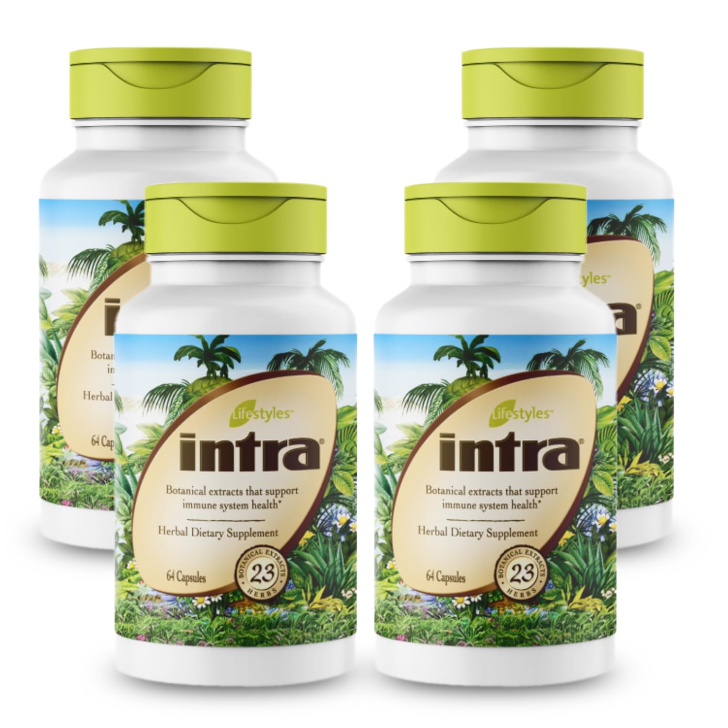 Intra Lifestyles Capsules bottle front, supports immune health and detox naturally.