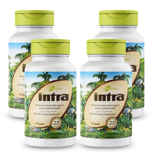 Intra Lifestyles Capsules bottle front, supports immune health and detox naturally.