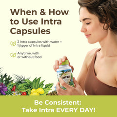 Intra Lifestyles Capsules dosage scene, two capsules with water for daily vitality.