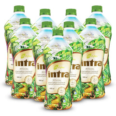 Intra Lifestyles Herbal Juice Drink bottle showing 23 botanicals for holistic wellness