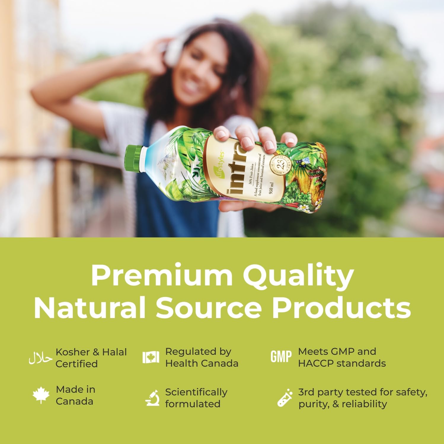 Intra Lifestyles Herbal Juice Ingredients Closeup reveals the plant-rich blend.