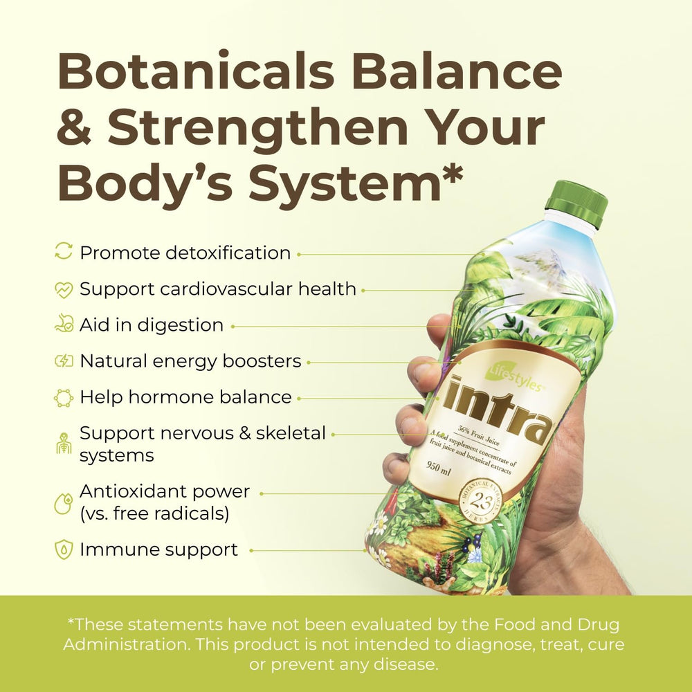 Intra Lifestyles Herbal Juice Label Closeup emphasizes natural ingredients and Canadian quality.