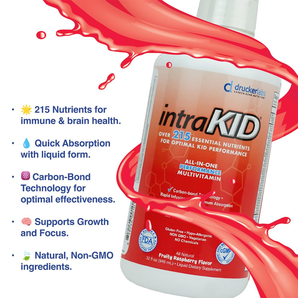 IntraKID Drucker Labs raspberry-flavored liquid easy dosing for busy families.
