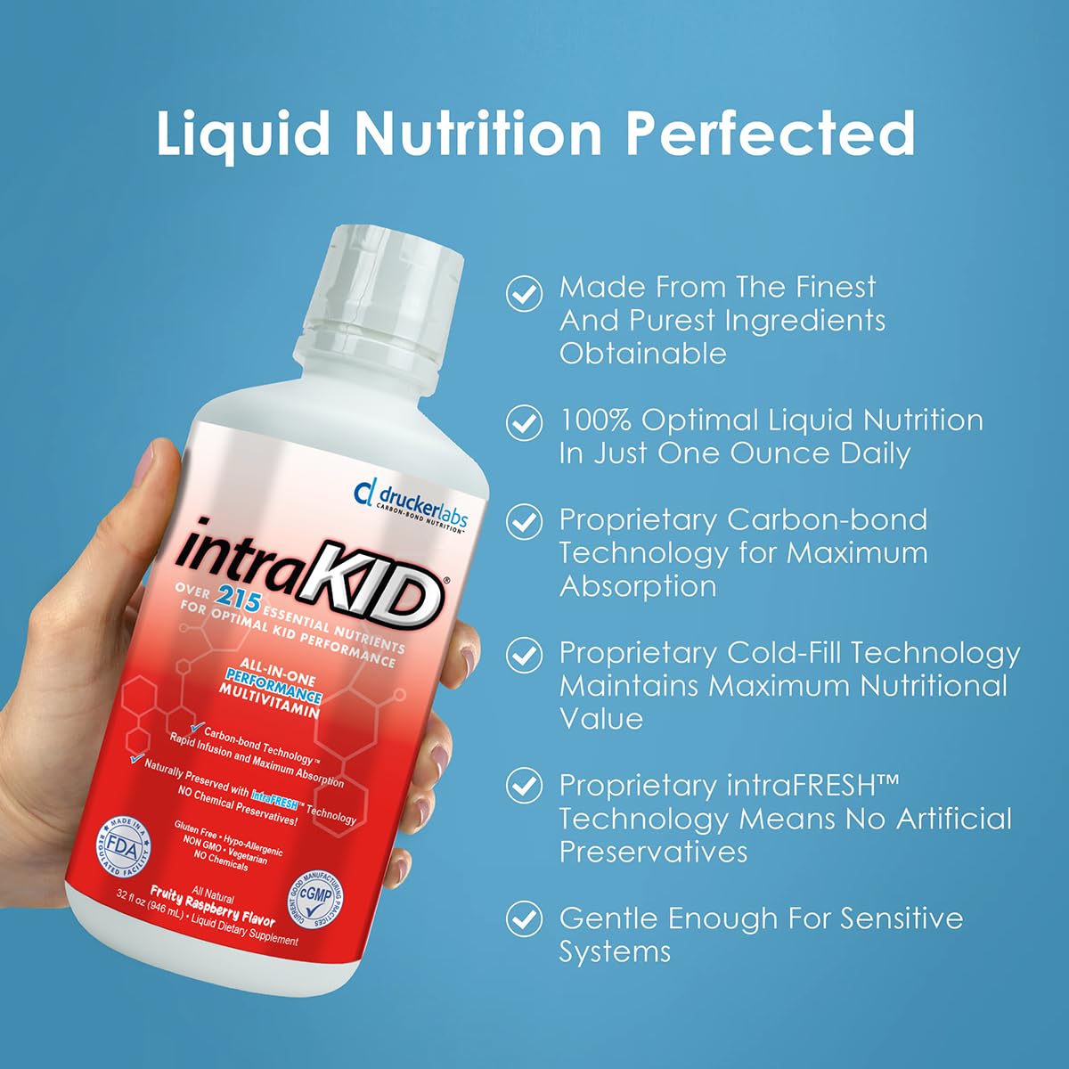 IntraKID Drucker Labs non-GMO dairy-free formula for allergen-conscious households.