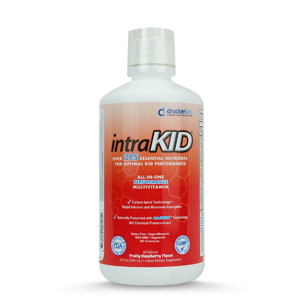 IntraKID Drucker Labs organic liquid multivitamin bottle supports kids' daily nutrition.