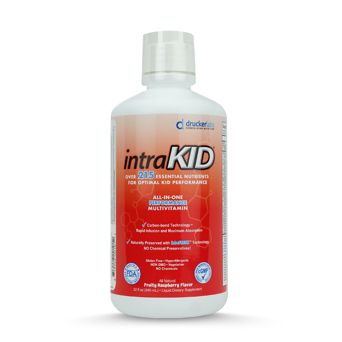 IntraKID Drucker Labs organic liquid multivitamin bottle supports kids' daily nutrition.