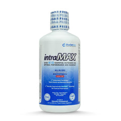 intraMAX organic liquid multivitamin bottle on table, convenient packaging and taste-friendly formula.