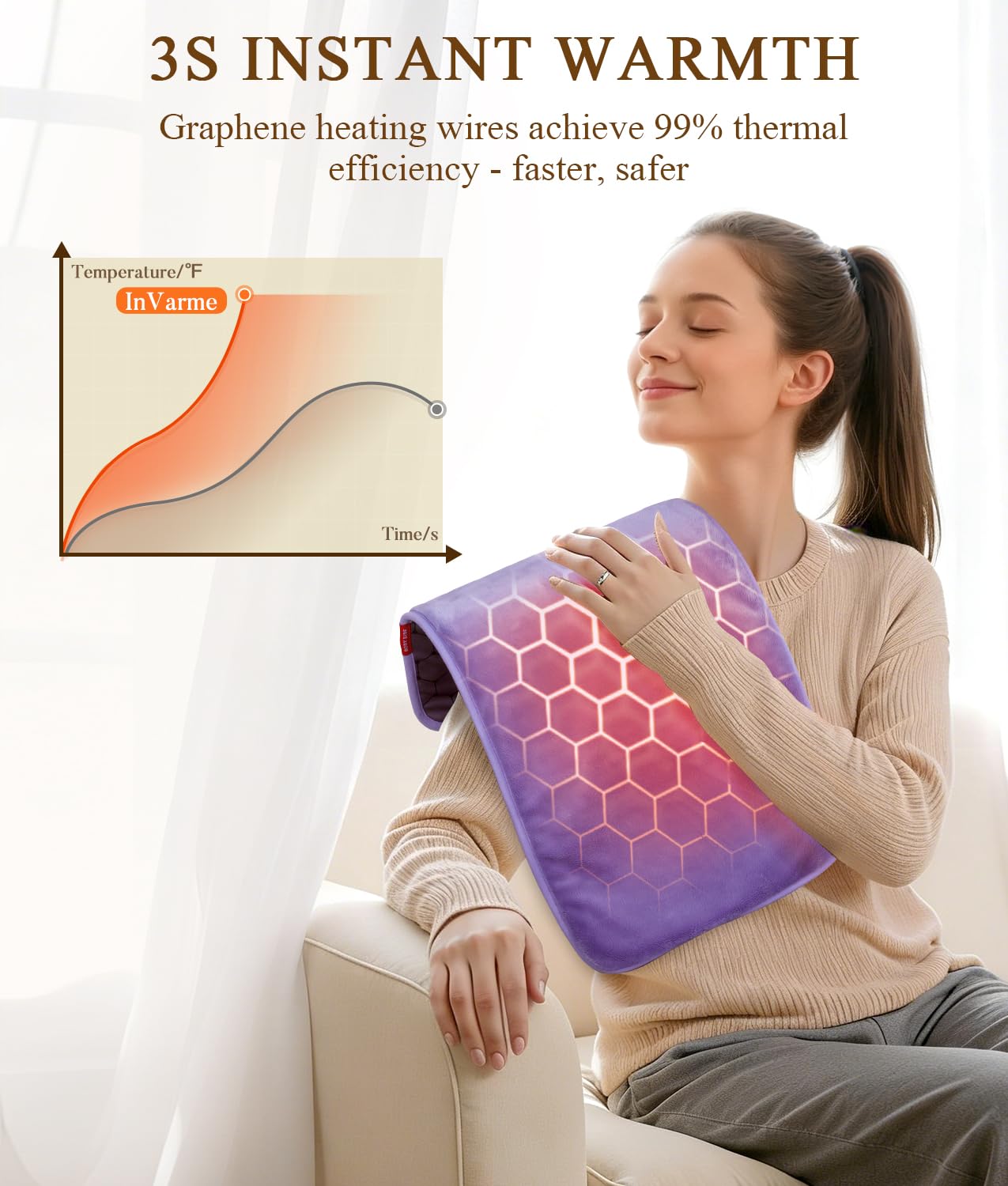 InVarme graphene heating pad with quick 3-second warm-up for comfort.