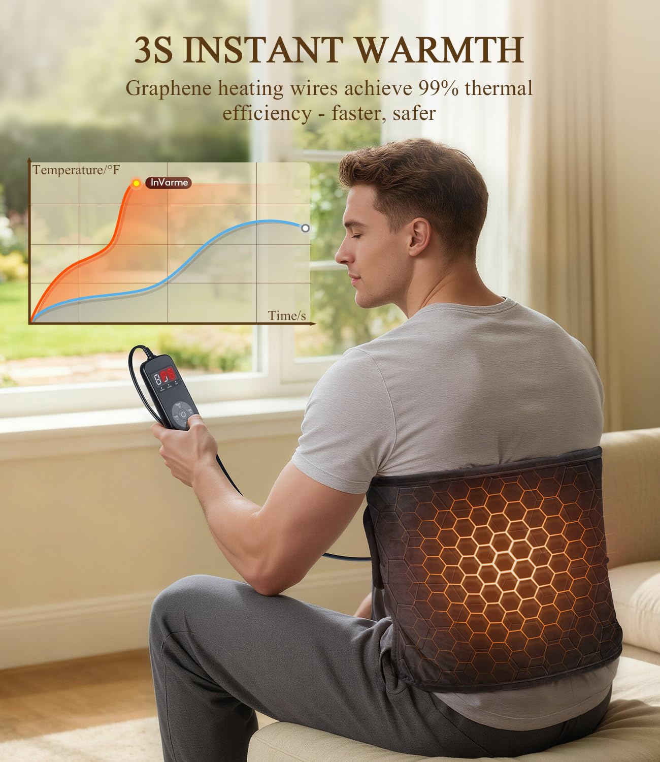 InVarme graphene wrap back heat therapy highlights flexible strap for full coverage.