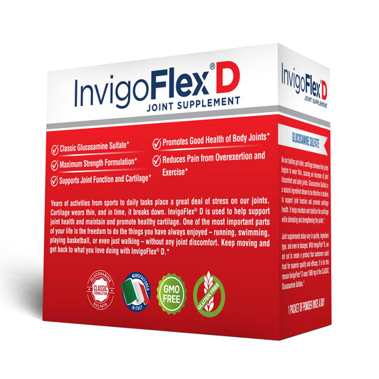 INVIGOFLEX label close-up highlights glucosamine-sulfate for cartilage support
