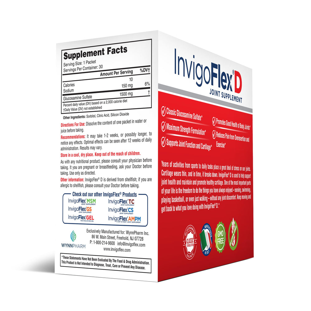 INVIGOFLEX glucosamine sulfate bottle with packets emphasizes compact storage