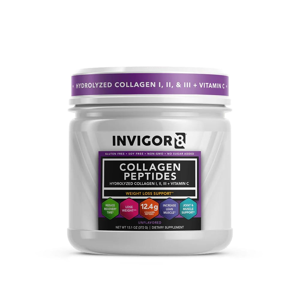 Invigor8 collagen peptides powder tub with unflavored formula supports joints and skin.