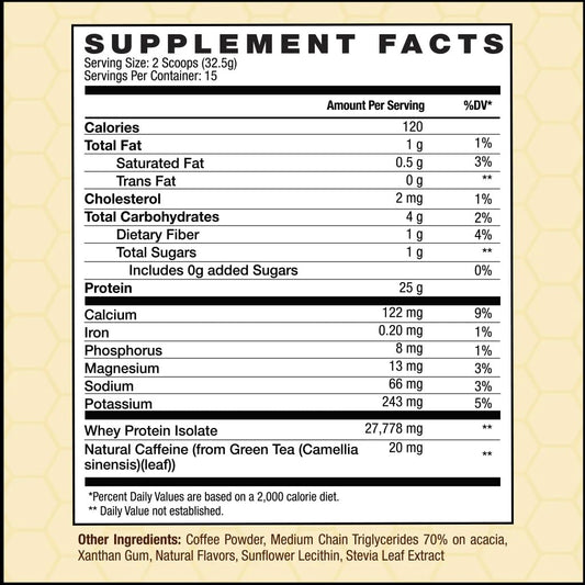INVIGOR8 French Vanilla protein coffee powder scoop emphasizes creamy flavor and protein support.