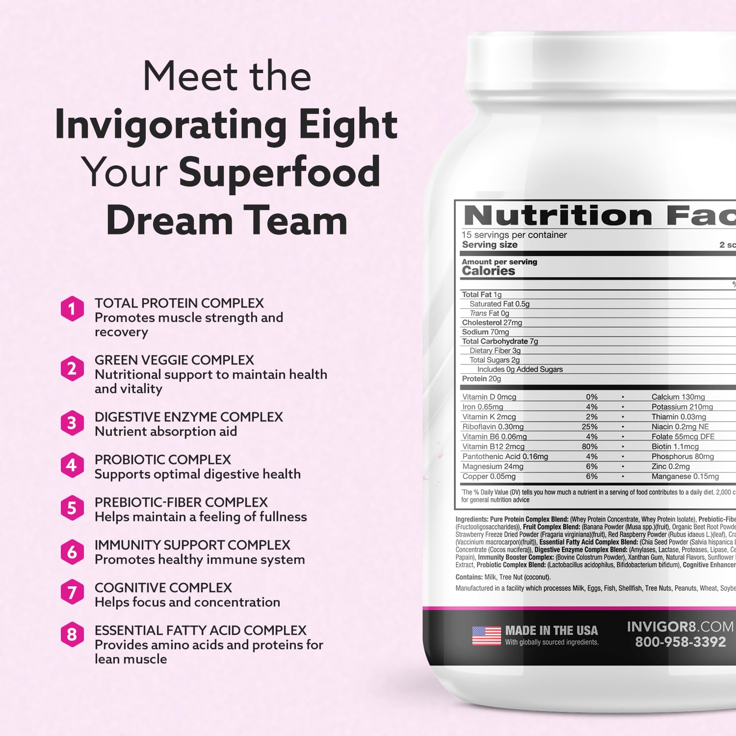 INVIGOR8 green veggie complex ingredients showcase daily nutrition support.