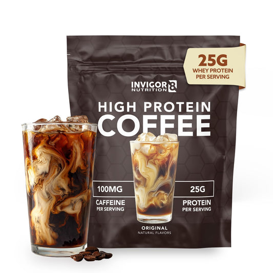 INVIGOR8 high-protein coffee powder jar with scoop for quick protein coffee.