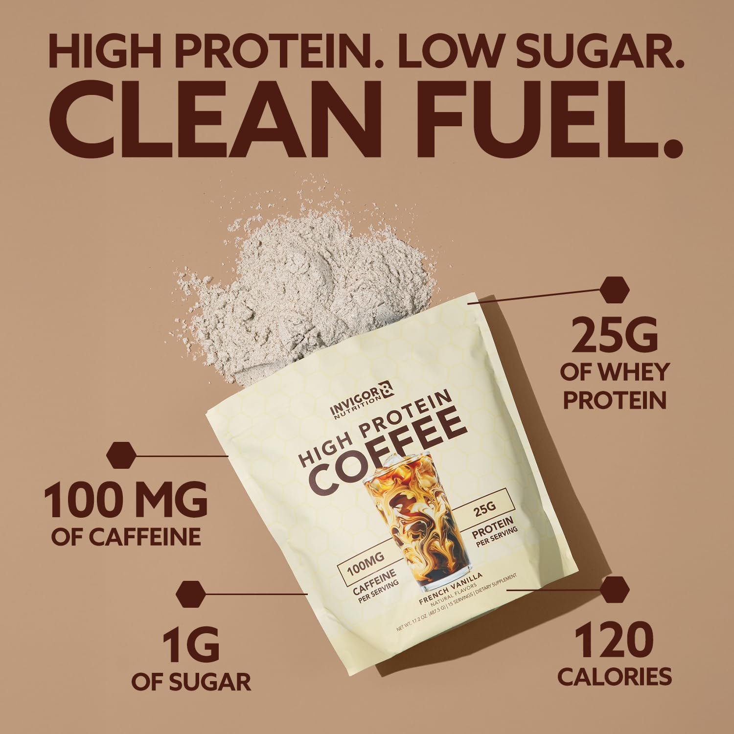 INVIGOR8 hot coffee mixer highlights a comforting vanilla latte experience.