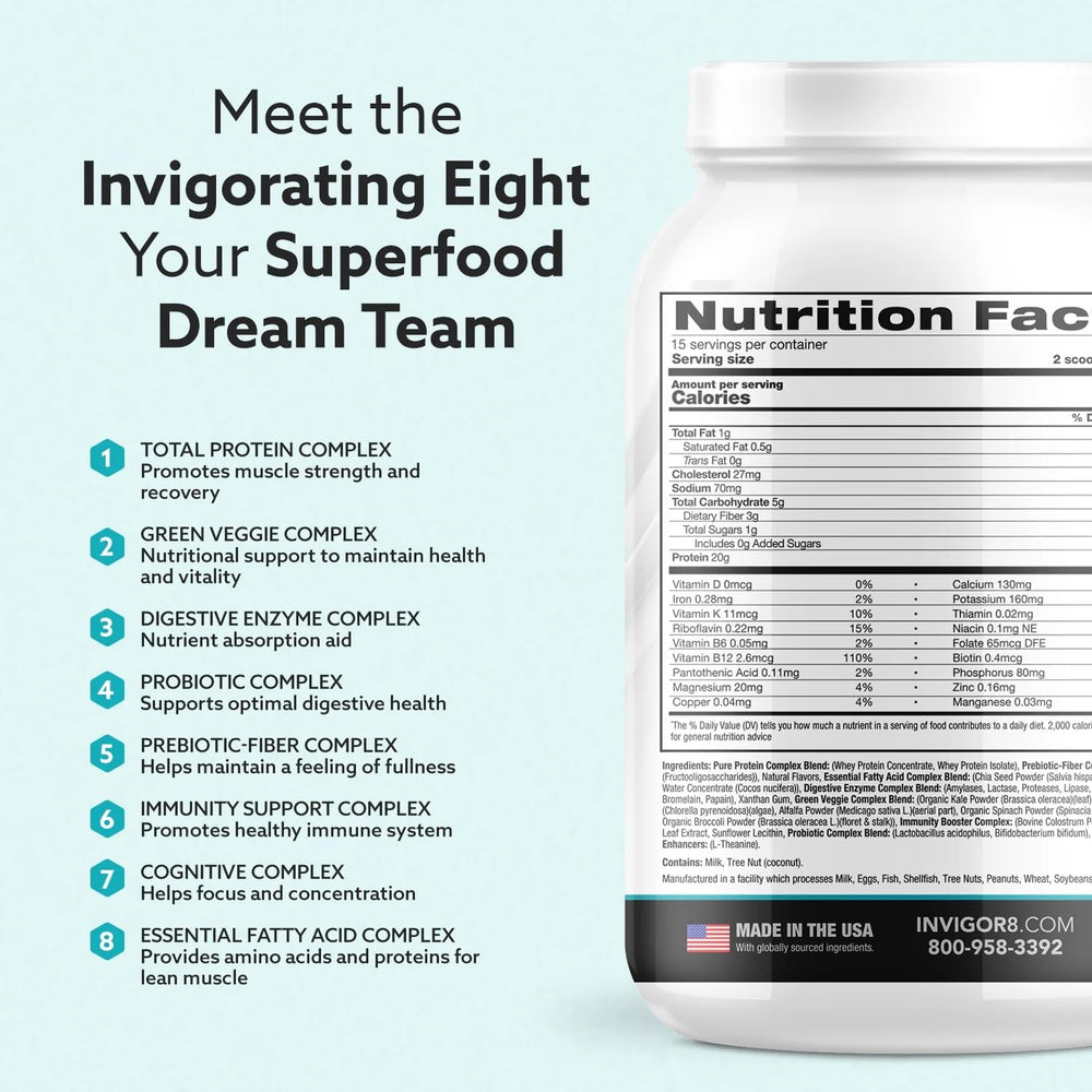 INVIGOR8 probiotic-prebiotic blend label indicates digestive support features.