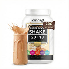 INVIGOR8 Superfood Shake bottle pouring for a quick protein boost