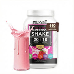 INVIGOR8 superfood shake bottle pouring for a convenient meal replacement.