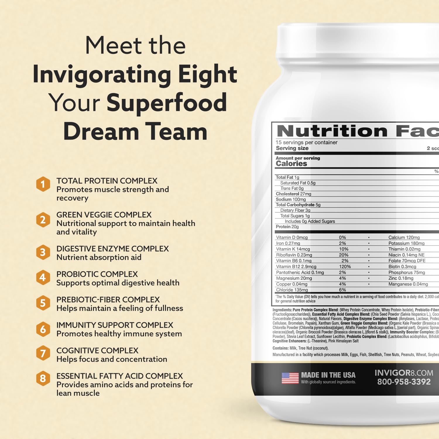 INVIGOR8 Superfood Shake ingredients closeup highlighting greens and probiotics