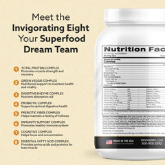 INVIGOR8 Superfood Shake ingredients closeup highlighting greens and probiotics