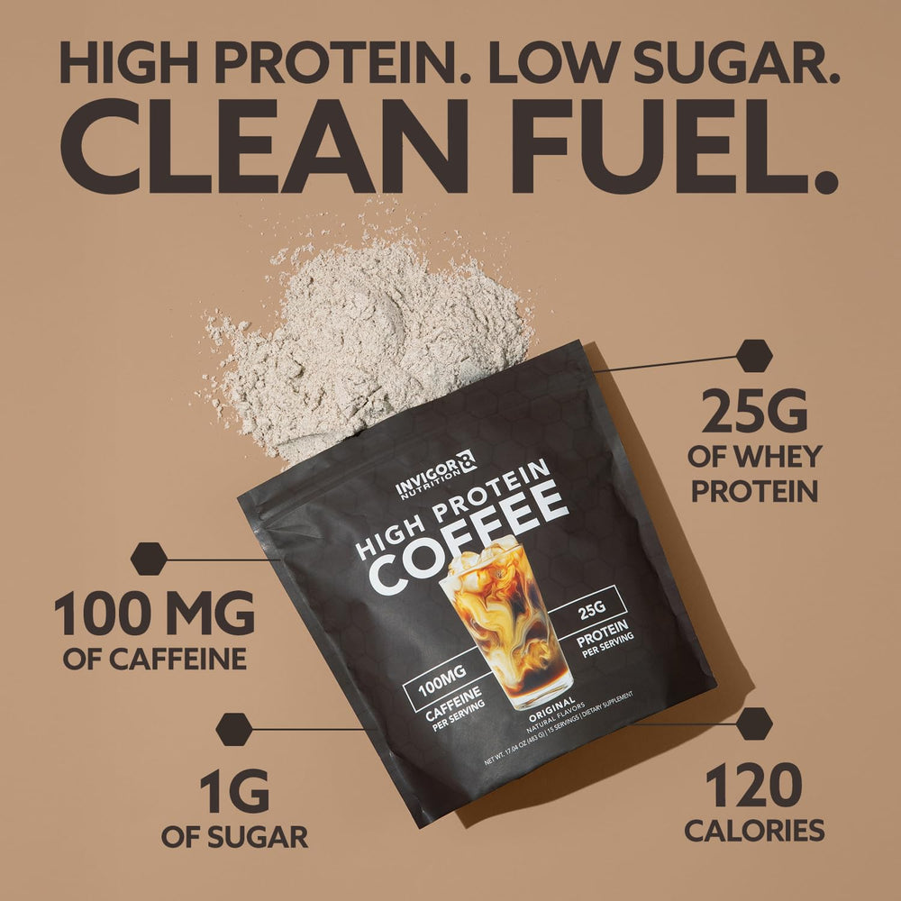 INVIGOR8 whey isolate nutrition label for protein coffee details.