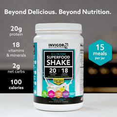 INVIGOR8 Whey Protein Isolate canister highlights gluten-free, non-GMO formula.