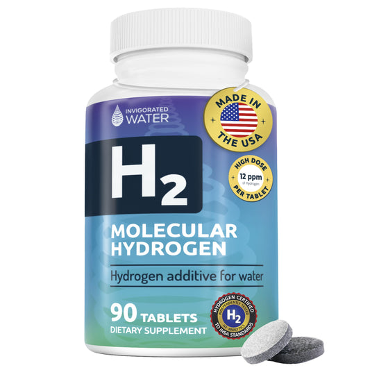Invigorated Water hydrogen tablets dissolving in water for easy hydration.