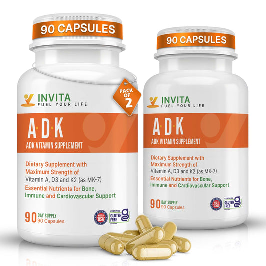 INVITA ADK bottle front highlights gluten-free, non-GMO formula for bone and immune support.