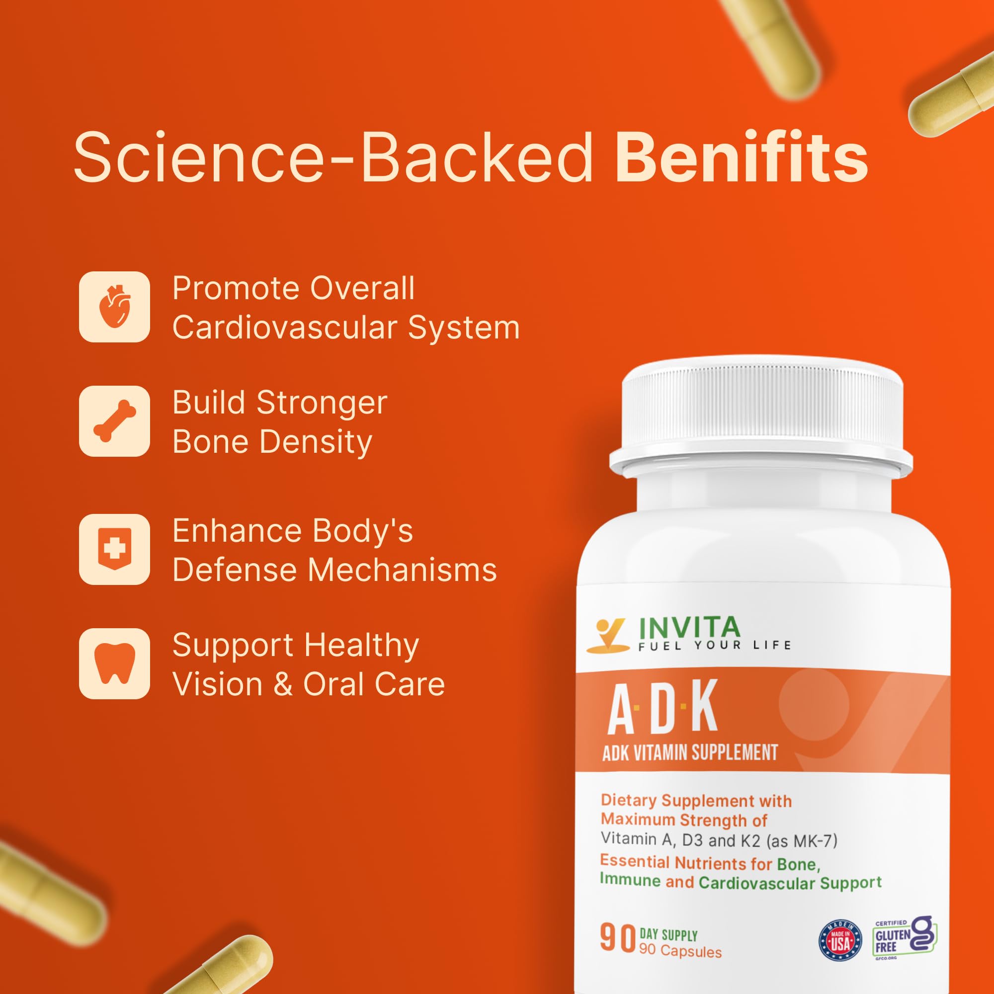 INVITA ADK D3 5000IU highlighting bone health support potential.