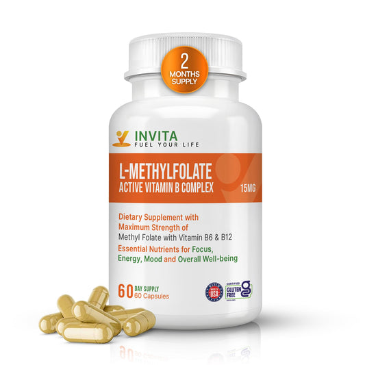 INVITA L-Methylfolate 15mg bottle for daily mood and focus support.