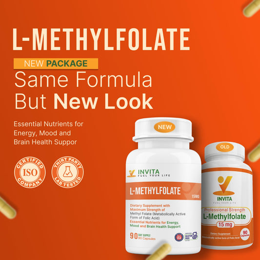 INVITA L-Methylfolate 15mg capsules close-up highlighting small easy-to-swallow capsules
