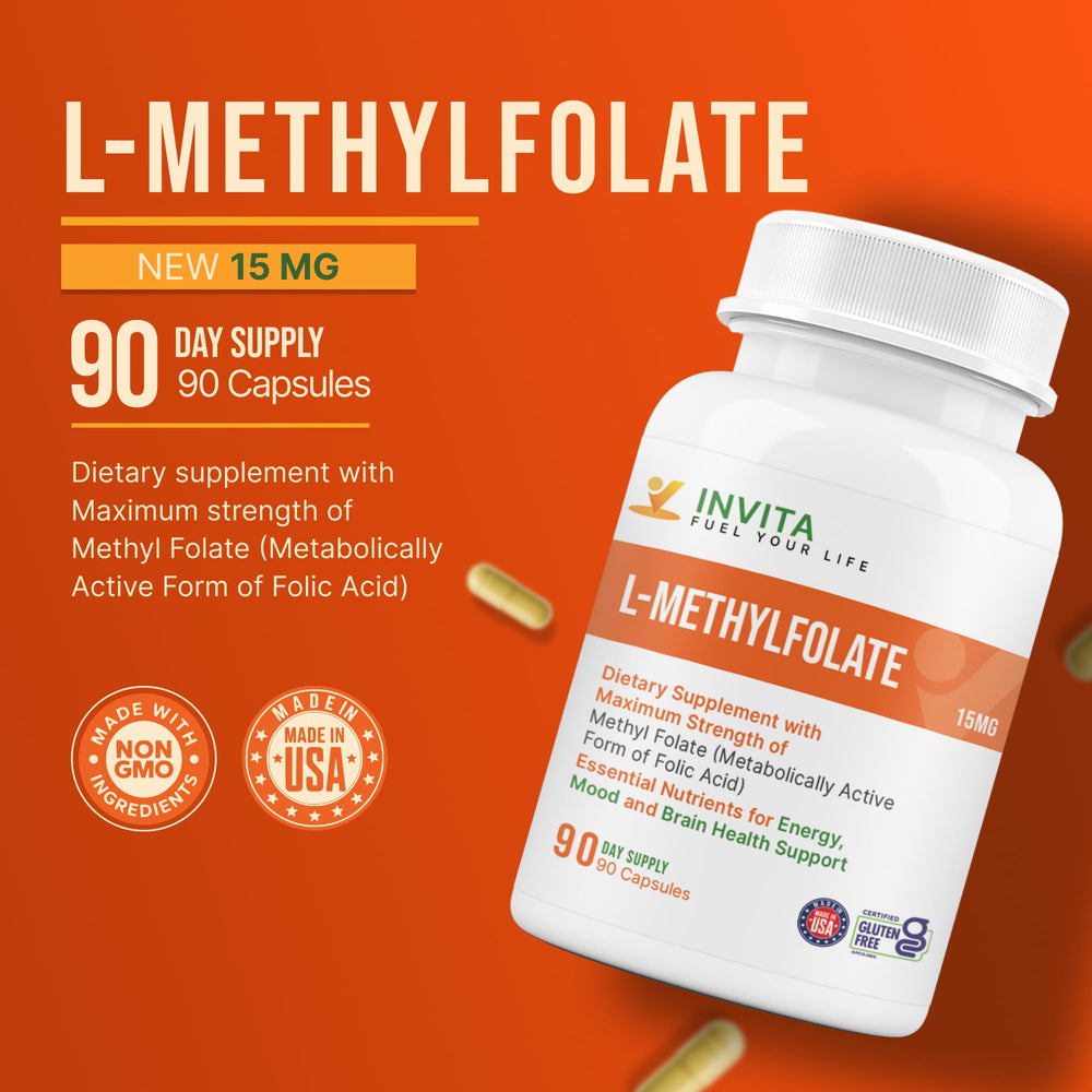 INVITA L-Methylfolate 15mg label and packaging emphasizing USA-made, non-GMO quality