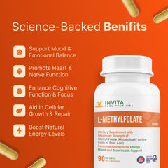 INVITA L-Methylfolate 15mg packaging featuring non-GMO and gluten-free clean ingredients