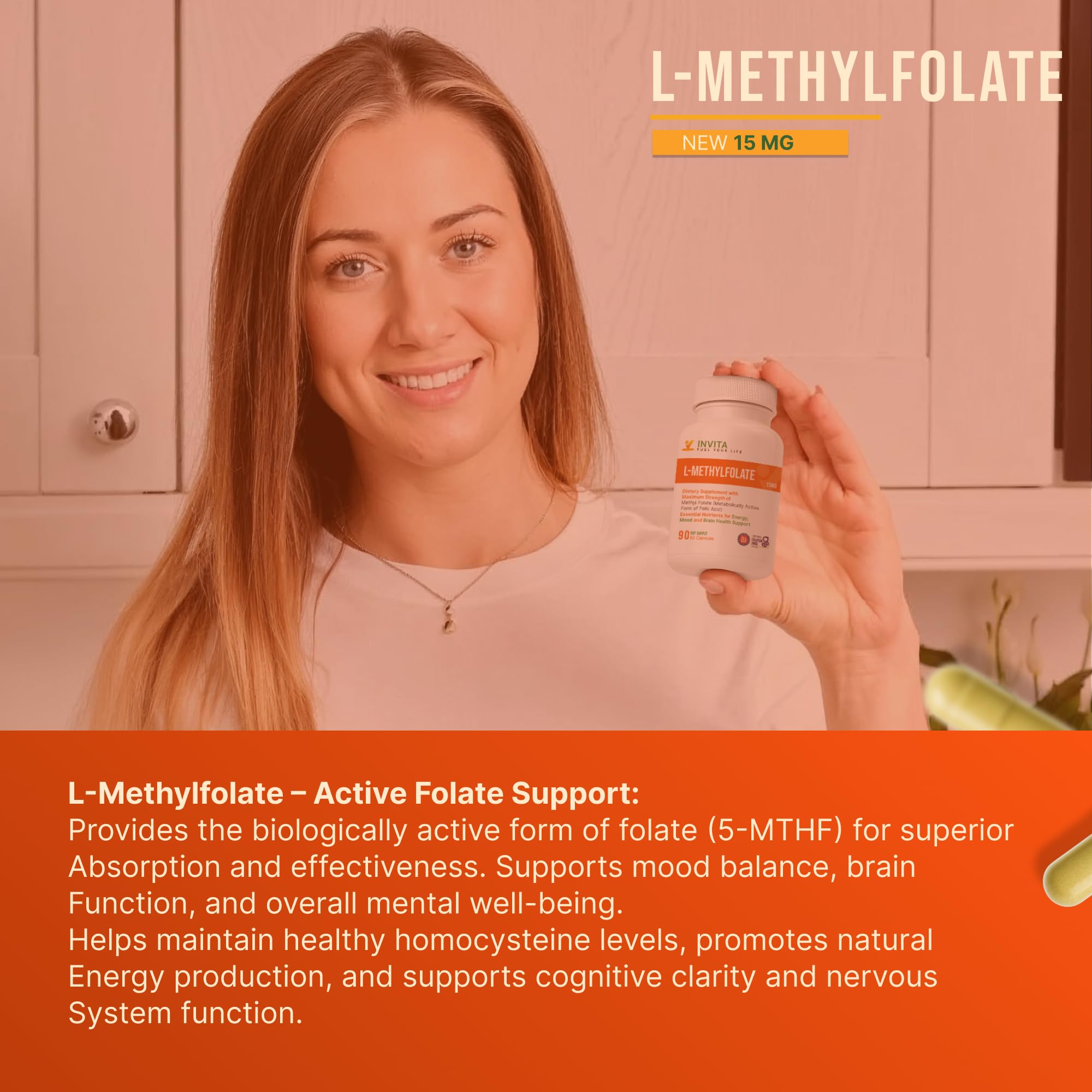 INVITA L-Methylfolate 15mg bottle on desk signaling reliable daily nutritional support