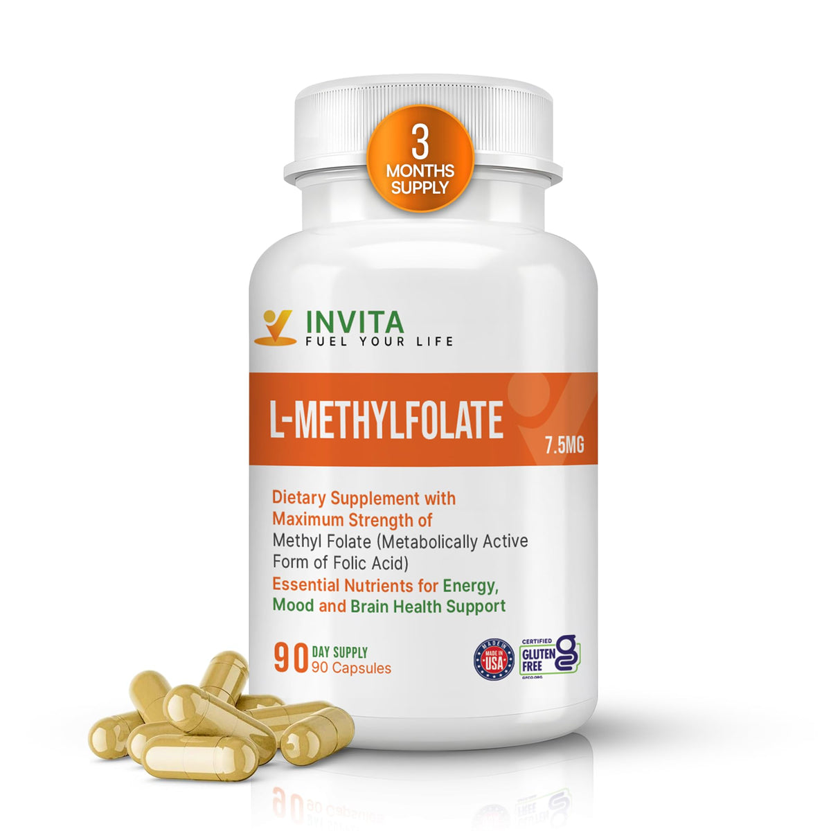 INVITA L-Methylfolate bottle with 90 capsules for a 3-month supply.