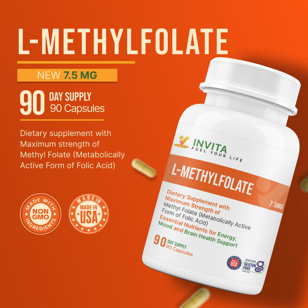 INVITA L-Methylfolate cap close-up showing active 5-MTHF formula.