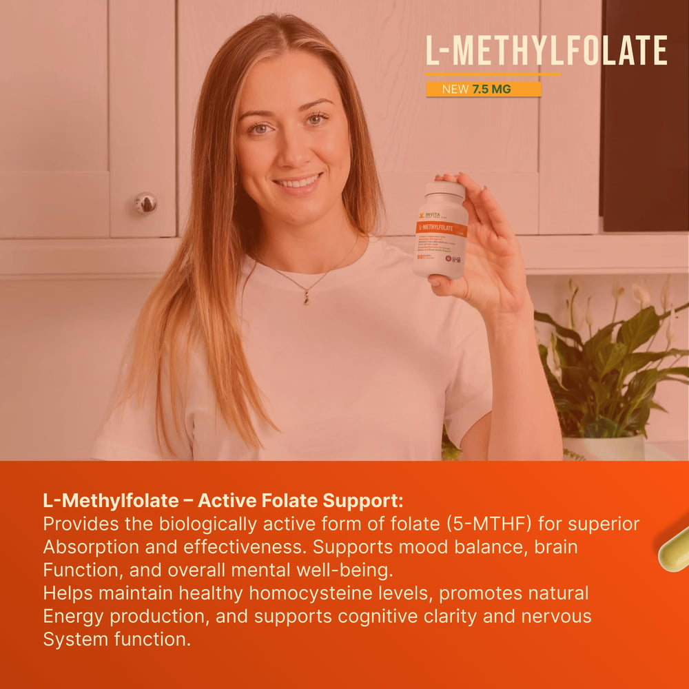 INVITA L-Methylfolate label close-up, USA-made and non-GMO.
