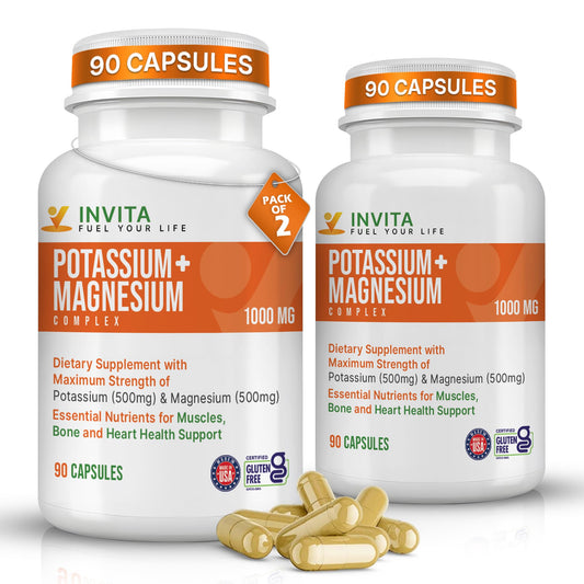 INVITA Potassium Magnesium Complex bottle label shows non-GMO formula for daily electrolyte balance.