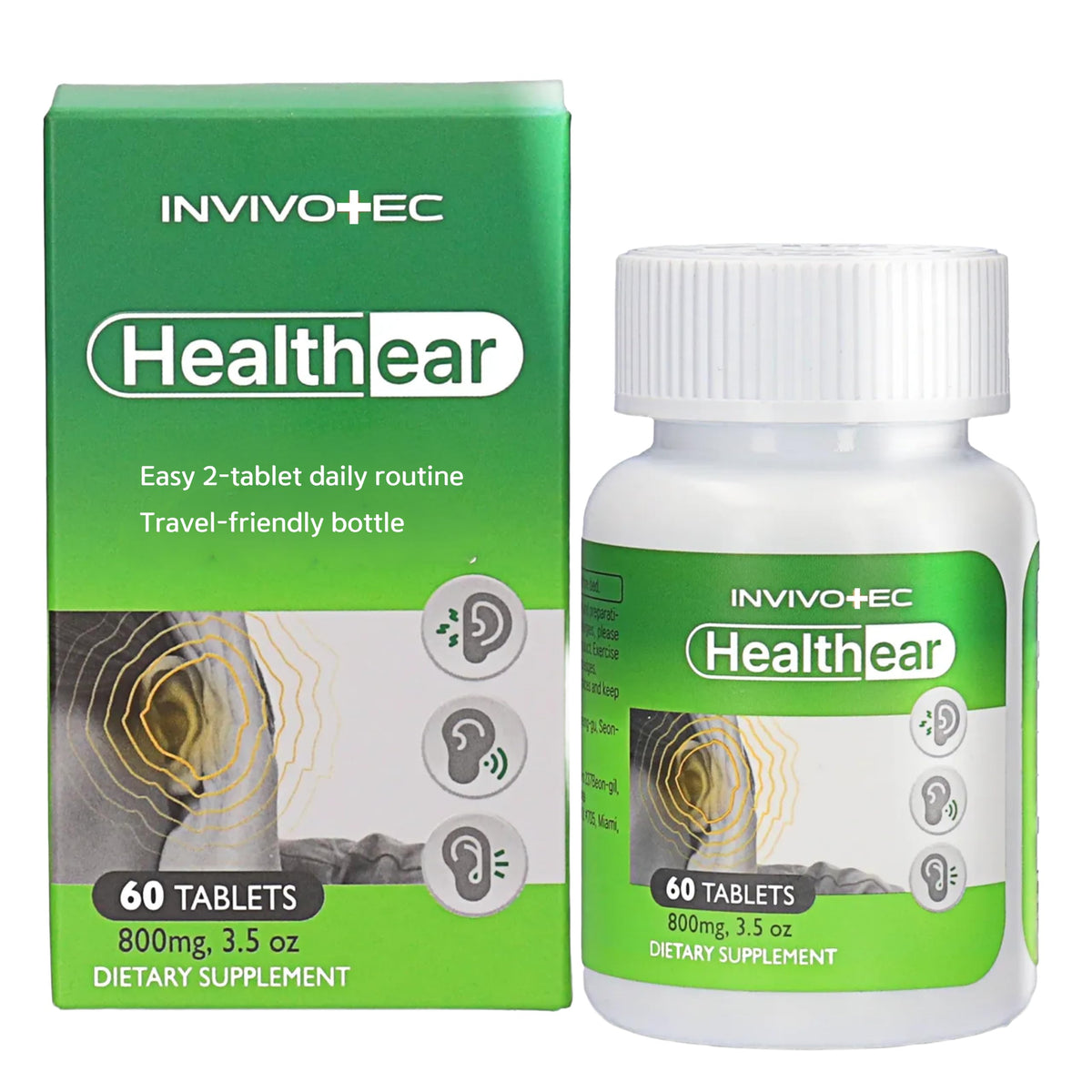 Invivotec Healthear bottle front promotes daily hearing wellness with easy two-tablet servings