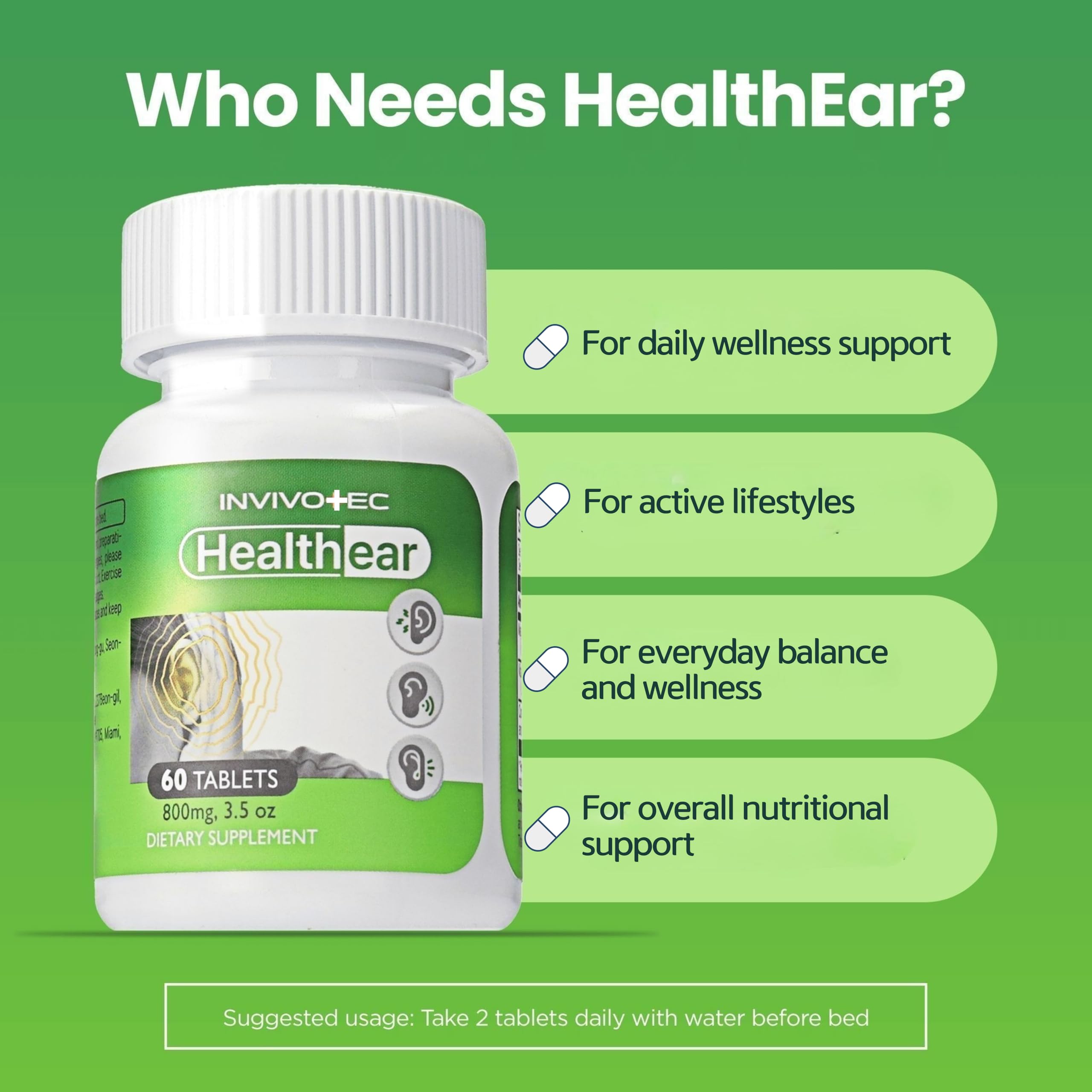 Invivotec Healthear tablets close-up highlights magnesium and B6 for nerve support