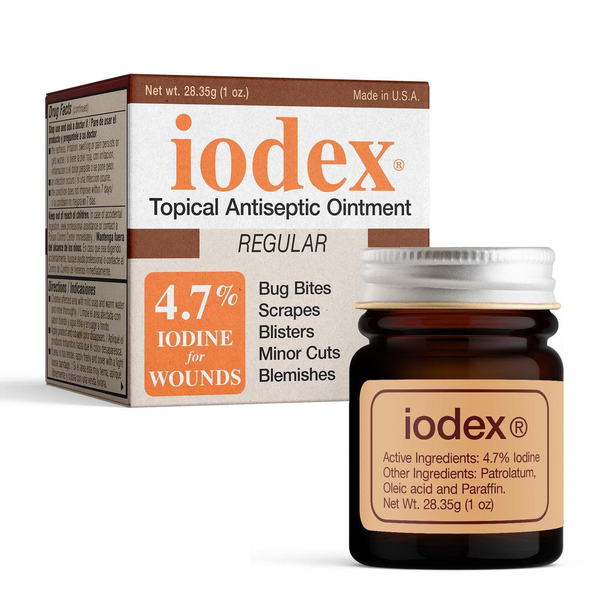 IODEX topical healing ointment jar showing 4.7% iodine for everyday first aid