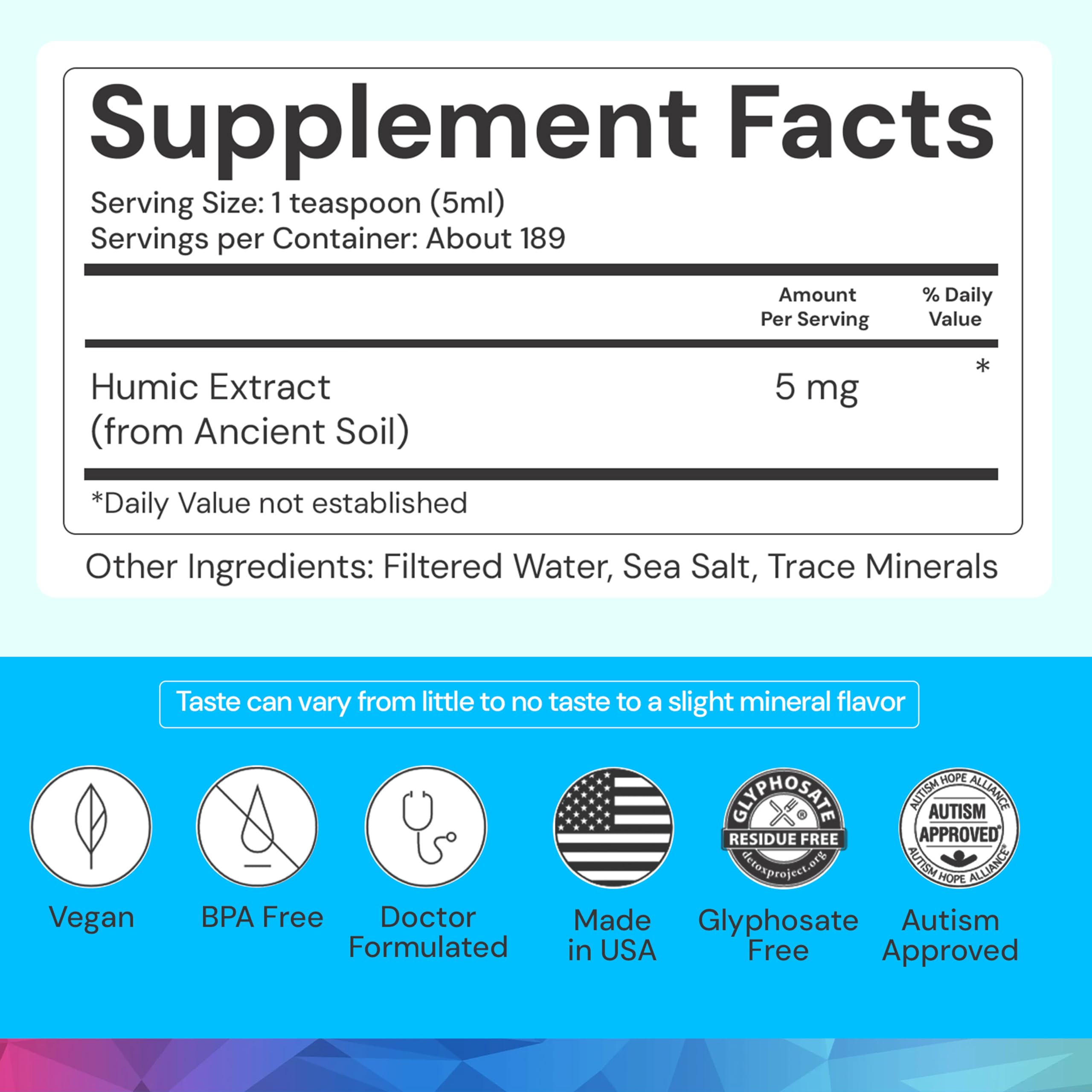 ION* Gut Support Liquid label closeup highlighting humic extract ingredients